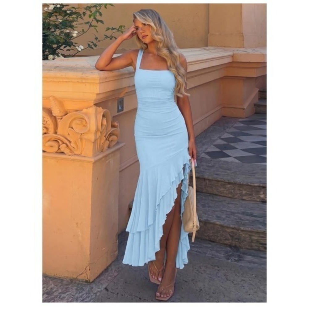 Light Blue Ruched Ruffle Asymmetrical Maxi Dress Sleeveless Square Neck Small - Picture 7 of 7